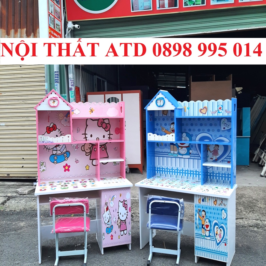 Bộ bàn + ghế cho bé yêu tiểu học cấp 1 2 in hình mèo kitty doremon