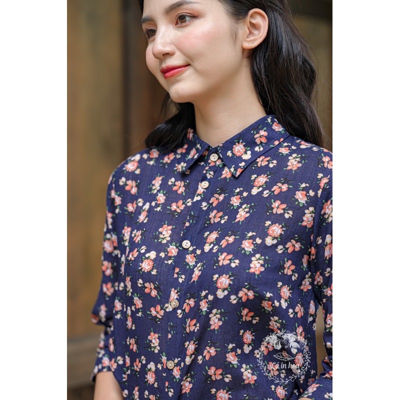 Áo hoa sơmi tím than cổ đức Lá In Hoa
