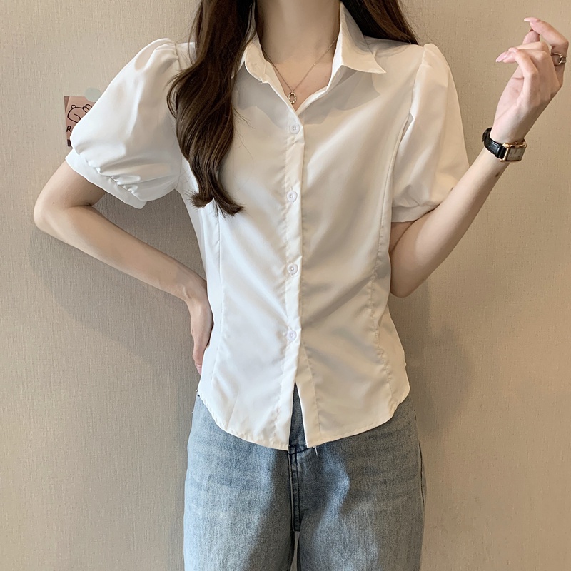 SUXI Áo Sơ Mi Tay Phồng Màu Trơn Dáng Ôm Dễ Phối Đồ Thời Trang Mùa Hè Cho Nữ