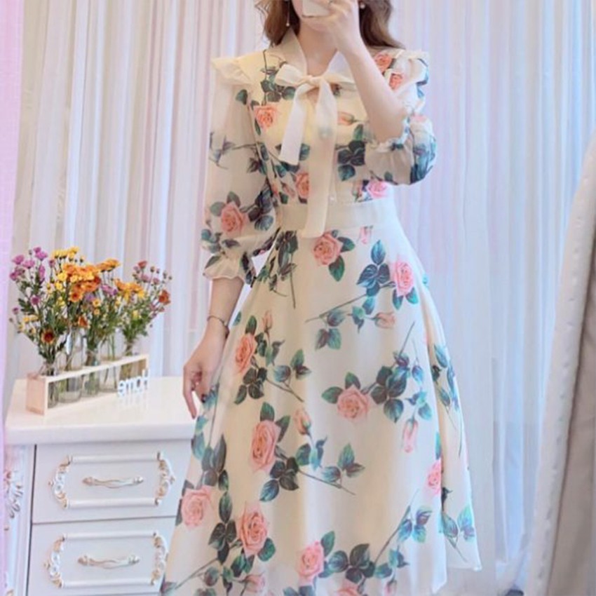 Váy Hoa Dài Tay Thắt Nơ Cổ V Hàng Thiết Kế Cao Cấp 2 Lớp Mềm Mịn Thấm Hút Mồ Hôi [Ảnh Thật Shop Tự Chụp] | BigBuy360 - bigbuy360.vn