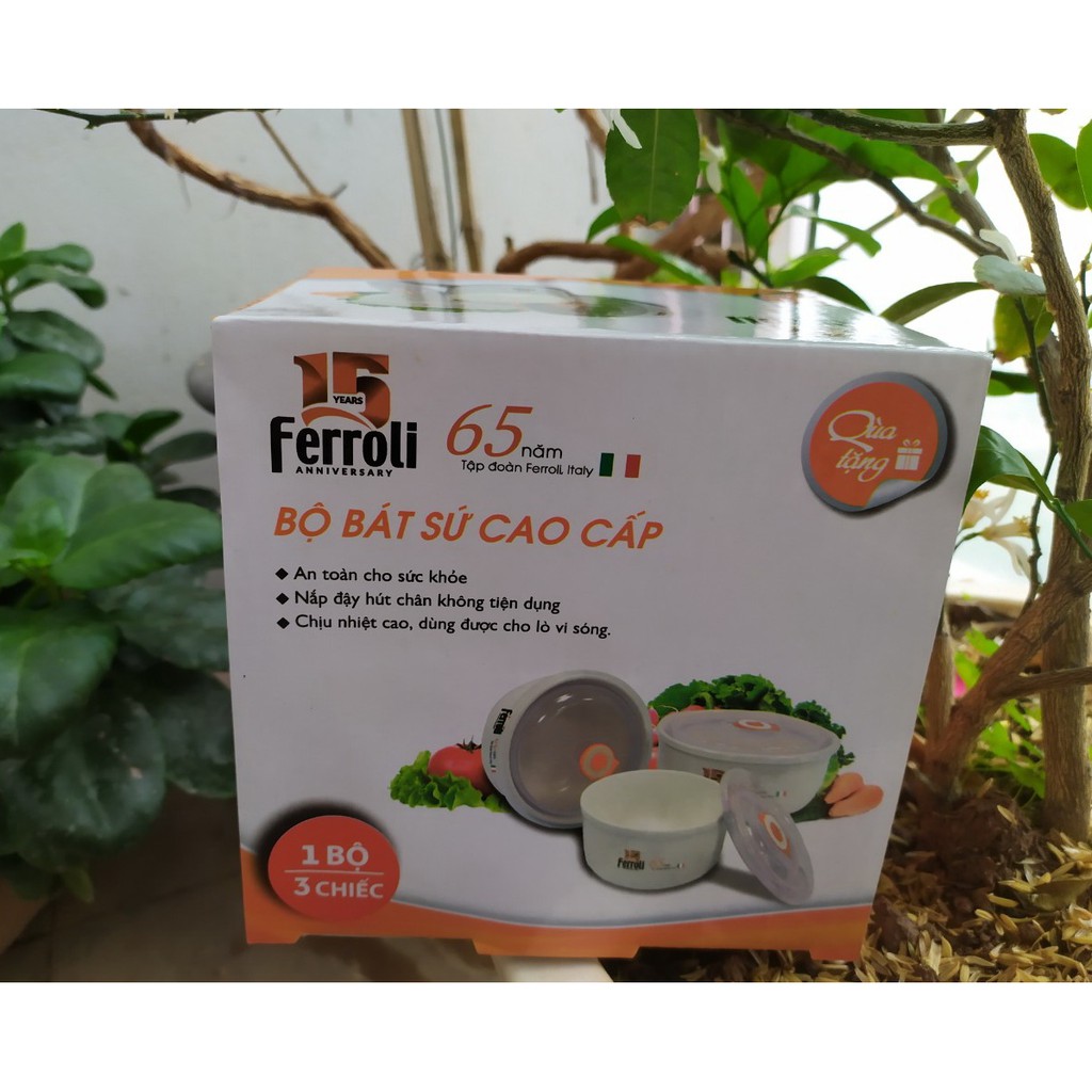 Bộ tô, chén, bát sứ cao cấp Ferroli nắp hút chân không tiện dụng dùng an toàn tuyệt đối trong lò vi sóng.