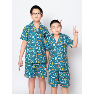 Đồ bộ Pijama bé trai màu xanh hình chú nai nhỏ cùng lá vàng và cùng nửa vầng trăng