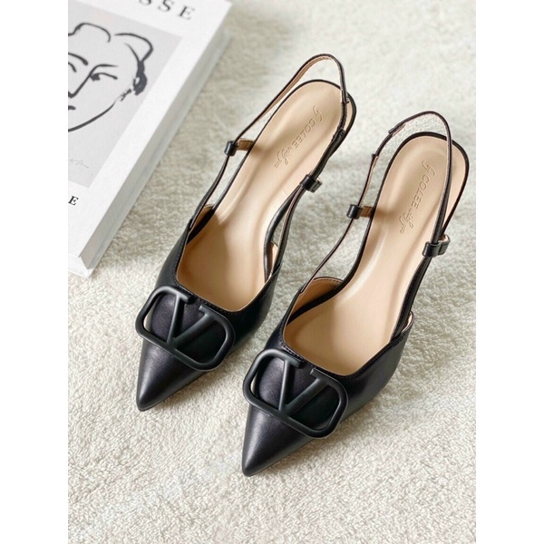 Giày cao gót hở eo dáng slingback mũi V da mềm gót 7p tôn dáng, sáng chân