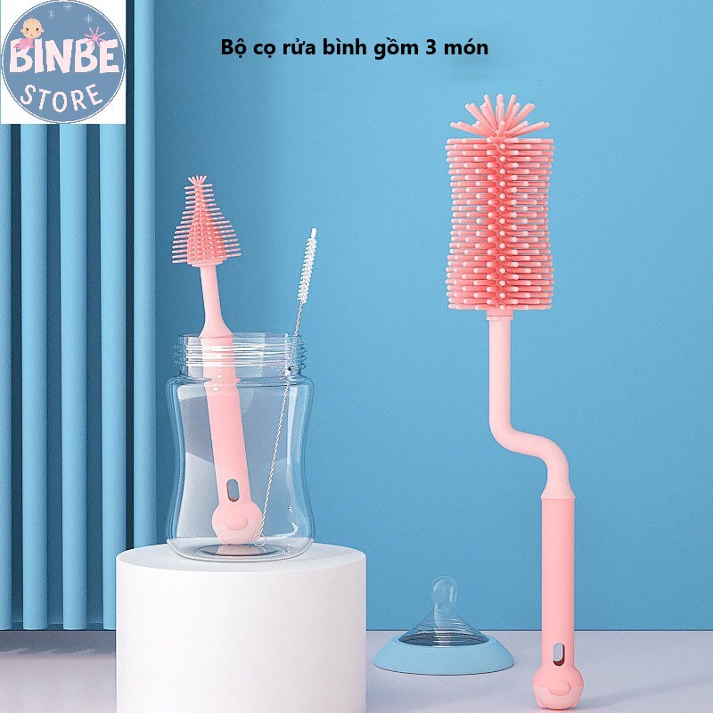 Cọ rửa bình sữa, cọ bình sữa silicon 360 độ cho bé đủ bộ 3 chi tiết Binbestore