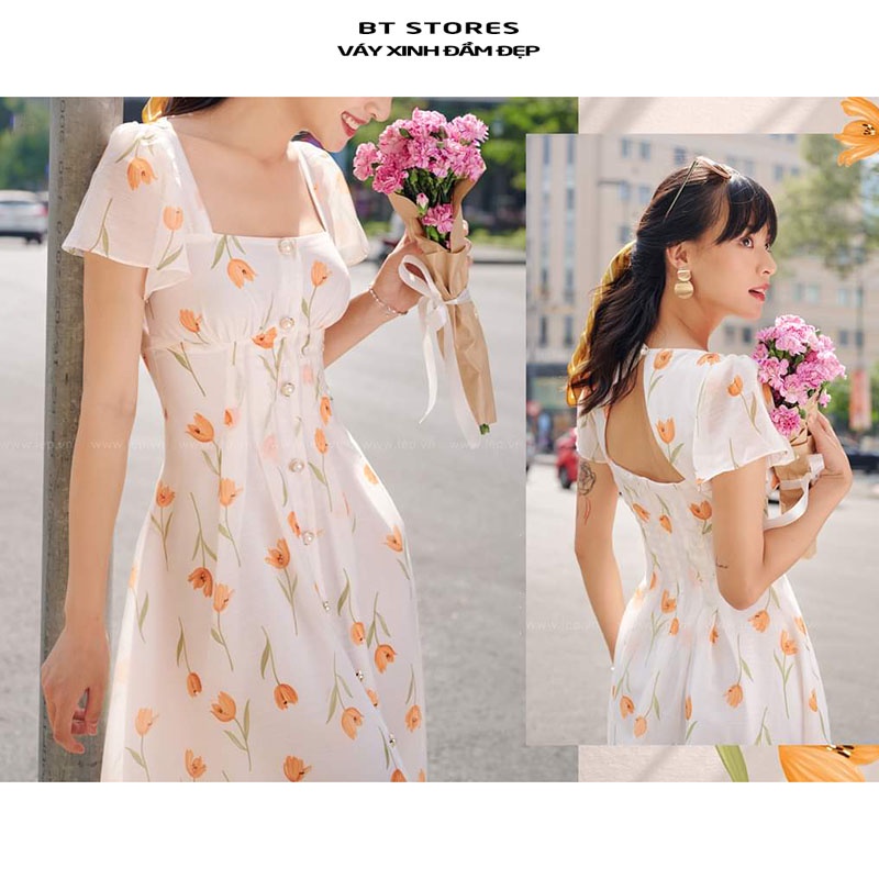 Đầm midi họa tiết hoa tulip vàng chất vải Voan - Yellow Tulips dress (BT118)