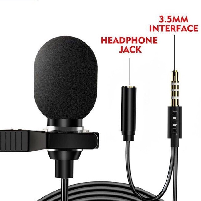 Mic Thu Âm Micro Ghi Âm Mini Cho Điện Thoại Chân 3.5mm kèm Jack Cắm Tai Nghe Earldom E38 Livestream Học Trực Tuyến