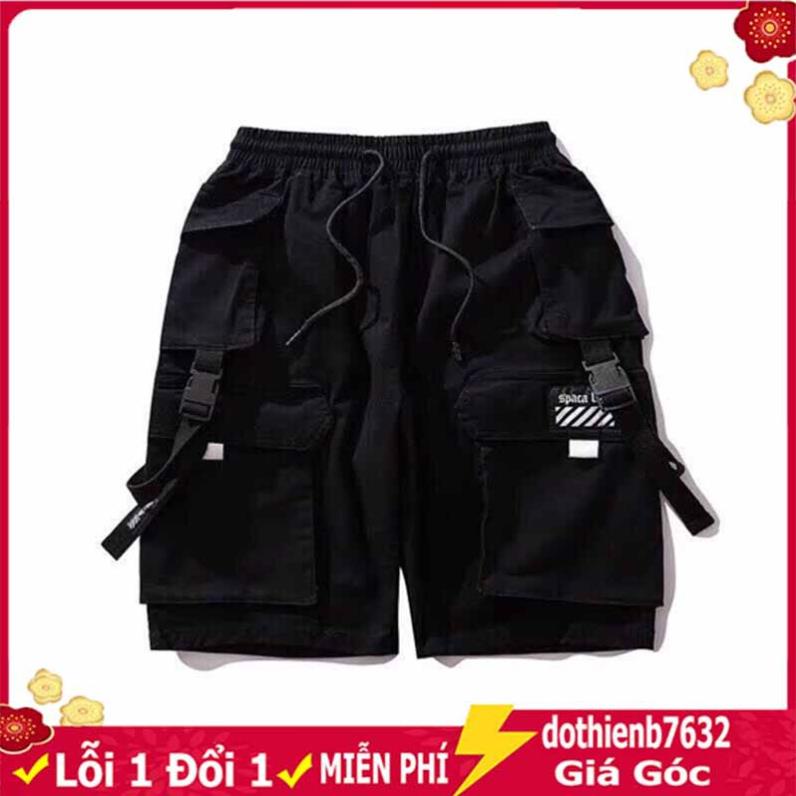 QUẦN SỌT TÚI HỘP 2 CHỐT IN LOGO kiểu short đùi lững nam nữ màu đen chất kaki tốt
