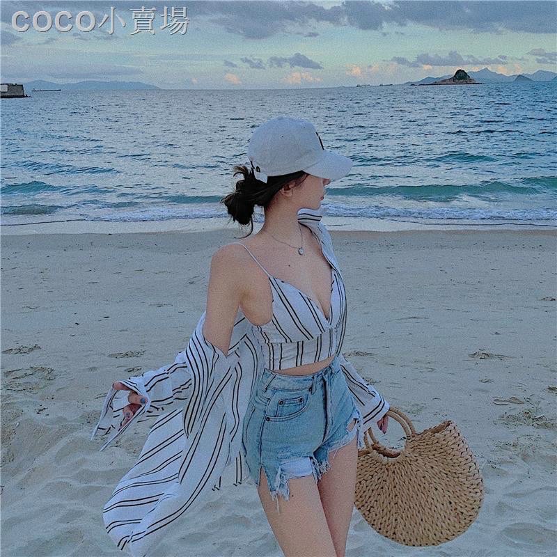 set áo hai dây sọc tặng kèm áo sơ mi form rộng đi biển siêu xinh