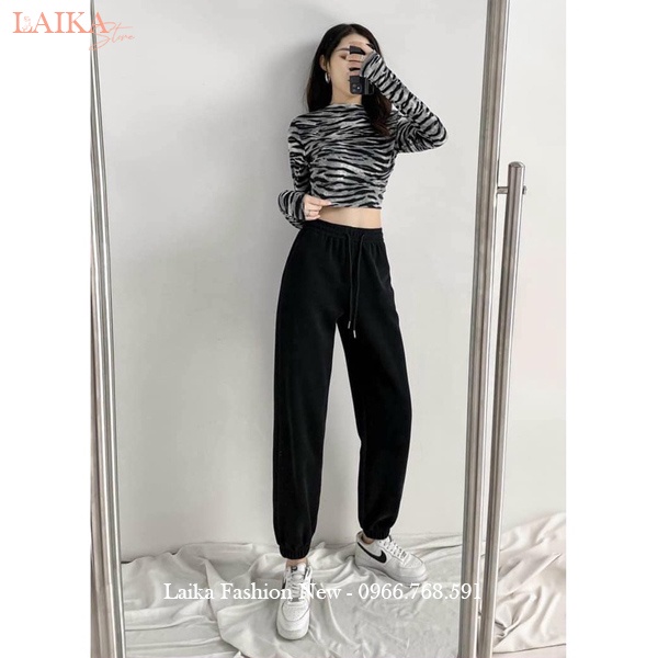 Quần Jogger Thể Thao nữ ống rộng bo gấu cạp chun dây rút vải da cá dày - Quần nỉ nữ bo gấu tập gym thể dục thao ở nhà