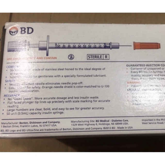 Bơm kim tiêm insulin BD ultra fine(usa Mỹ)0.5ml dung tích(thể tích dung dịch)50U 0.33mm(29G)x12.7mm(kim chích tiểu đường