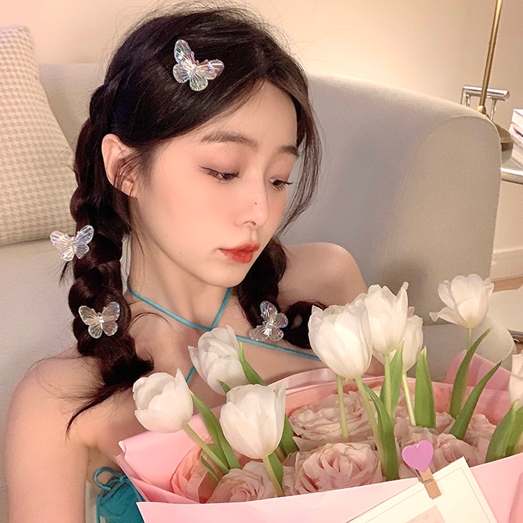 Kẹp Tóc Hình Bướm Dễ Thương Màu Hồng Và Trắng Trong Suốt Cho Nữ