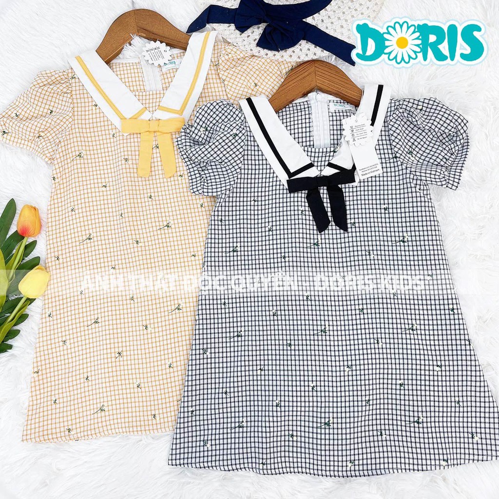 Váy Bé Gái Vải Kẻ Thêu Hoa Cao Cấp Phối Cổ Thủy Thủ Doris Kids