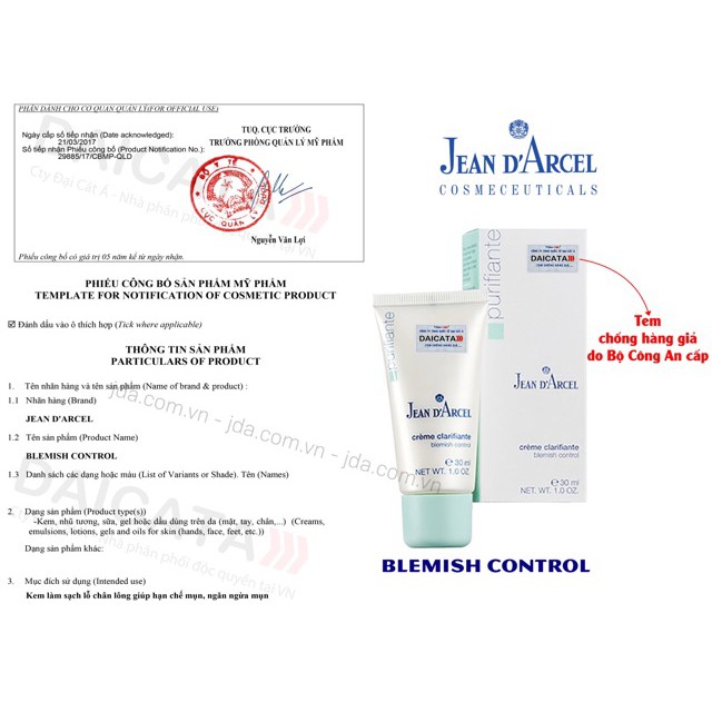 [HÀNG CÔNG TY] Kem làm giảm mụn nhanh Jean D’Arcel Blemish Control