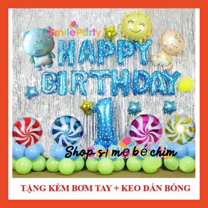 Set Bóng Sinh Nhật Bé Heo/Cún 1 Tuổi/ 2 Tuổi (Kèm bơm+băng keo dính bóng)