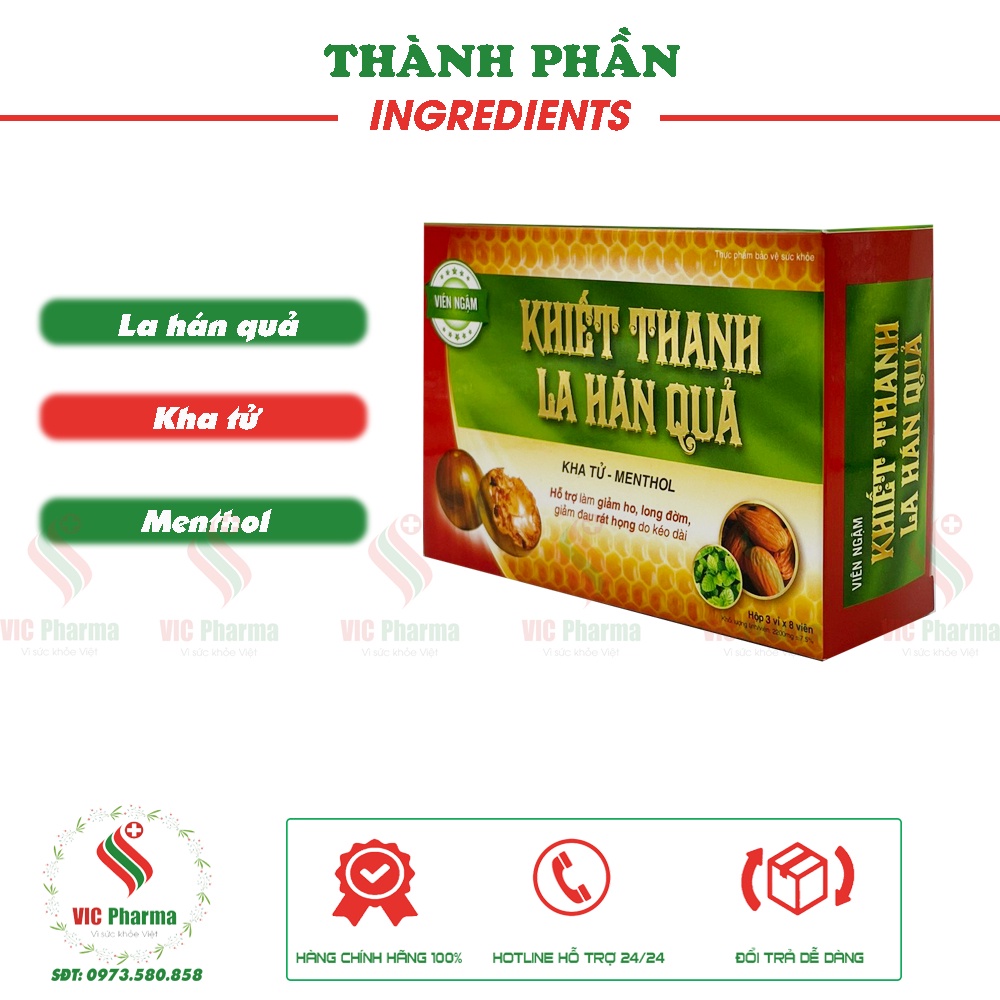Viên ngậm Khiết thanh La hán quả hỗ trợ giảm ho, long đờm - Hộp 3 vỉ x 8 viên