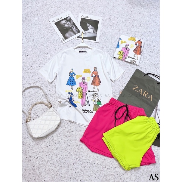 Set bộ áo phông trắng suông hoạt hình mix quần sooc cạp chun siêu xinh L1 | BigBuy360 - bigbuy360.vn