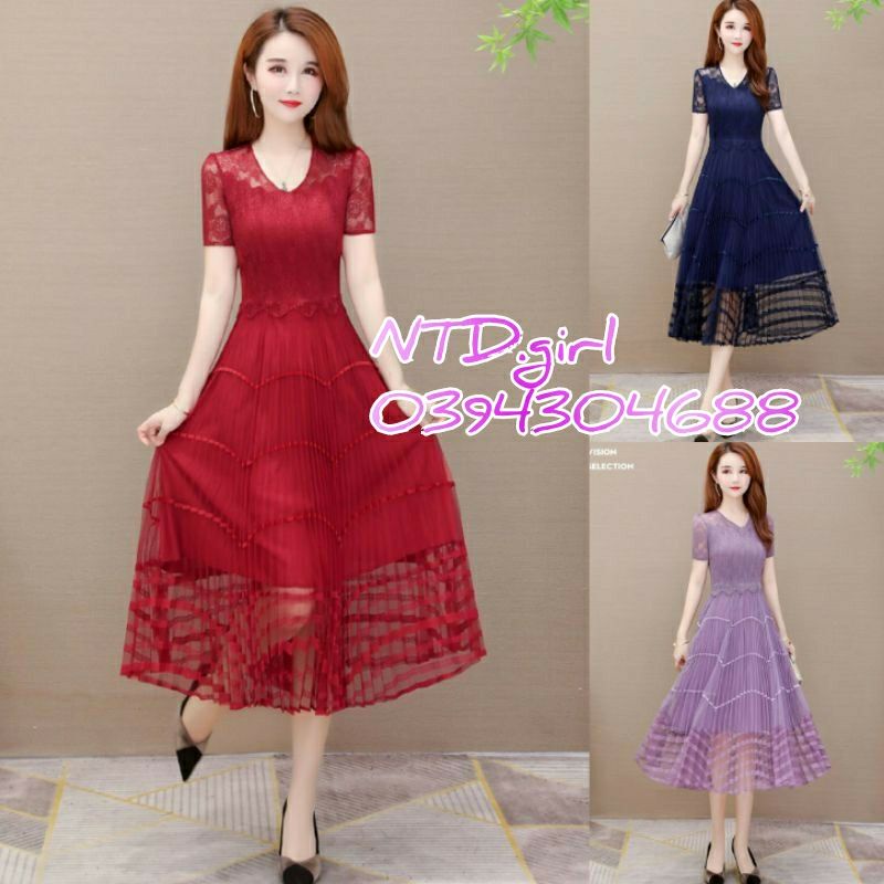Hàng nhập - Đầm dự tiệc dập li cổ ovoal, váy xòe lụa phối ren lộng lẫy