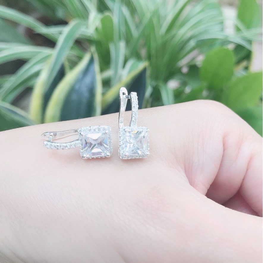 Bông tai bạc nữ hình vuông đính đá li to, Chất liệu bạc ta sang trọng - Trang sức bạc Evasilver
