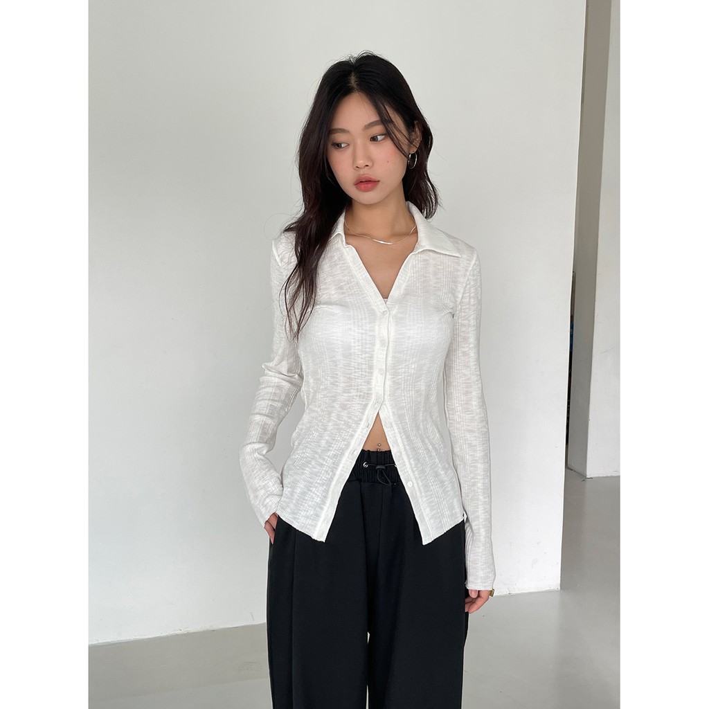 Áo kiểu tay dài Halsey cổ sơ mi basic dáng dài