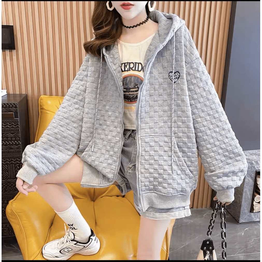 ÁO KHOÁC HOODIE NỮ CHẤT LIỆU VẢI DẬP VÂN CARO CAO CẤP PHỐI HỌA TIẾP TIM SIÊU CUTE H.H.P