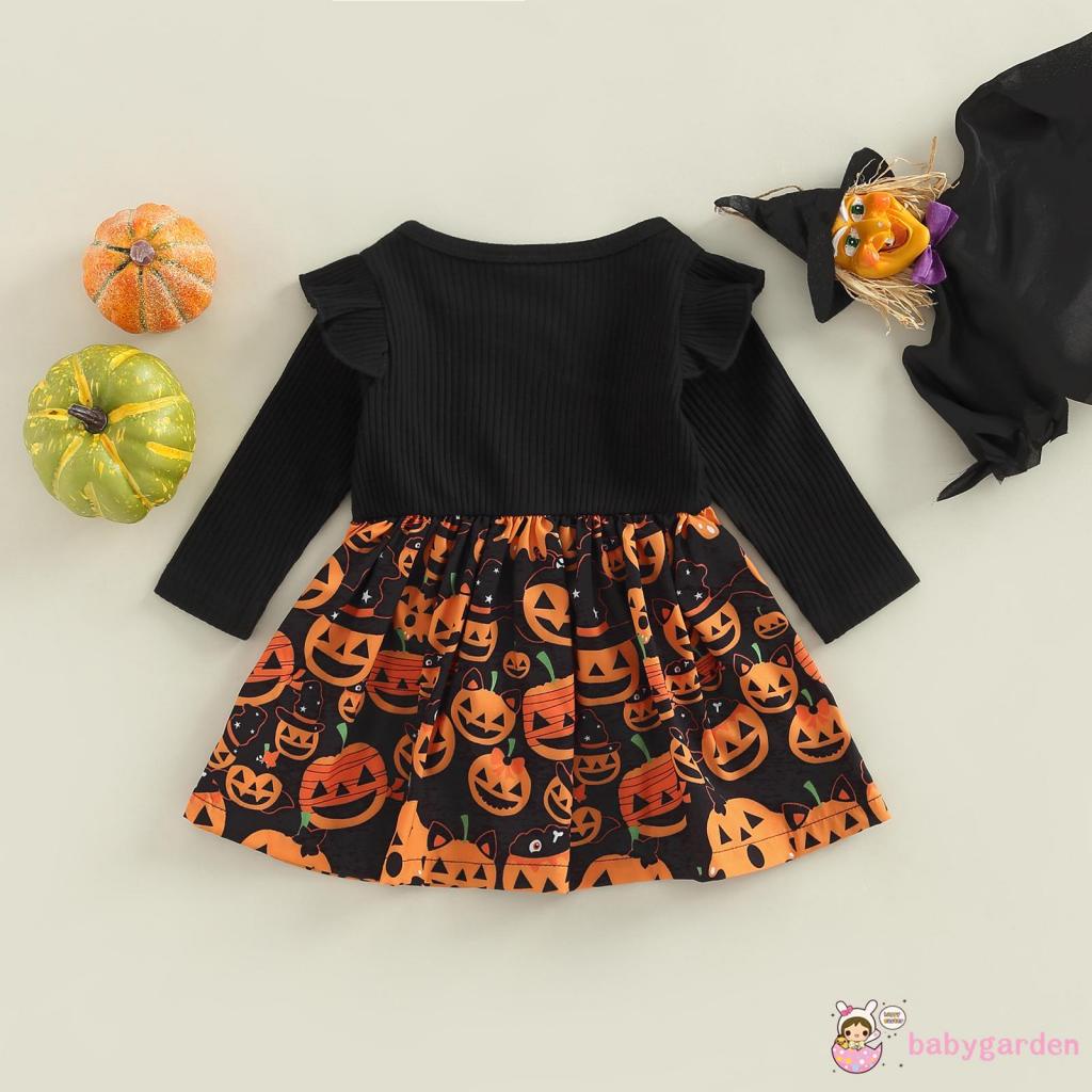 Đầm Tay Dài Phối Bèo In Họa Tiết Halloween Đơn Giản Cho Bé Gái 3-24 Tháng Tuổi