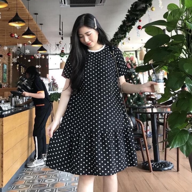 Váy bầu baby doll đuôi cá ( đen chấm bi )