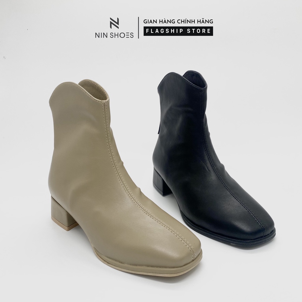 Giày Boot nữ 2p cổ khoét kéo khóa sau da si Ninshoes