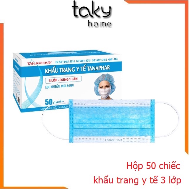 50 Chiếc - Khẩu Trang Y Tế 3 Lớp, Màu Xanh - Lọc Khuẩn, Lọc Mùi, Lọc Bụi, Thoáng Khí, Không Gây Dị Ứng - Takyhome7060