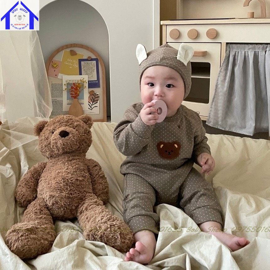 Bộ Áo Liền Quần Kèm Mũ Gấu Len ngực Phong Cách Hàn Quốc Xinh Xắn Dành Cho Bé 0-3 tuổi