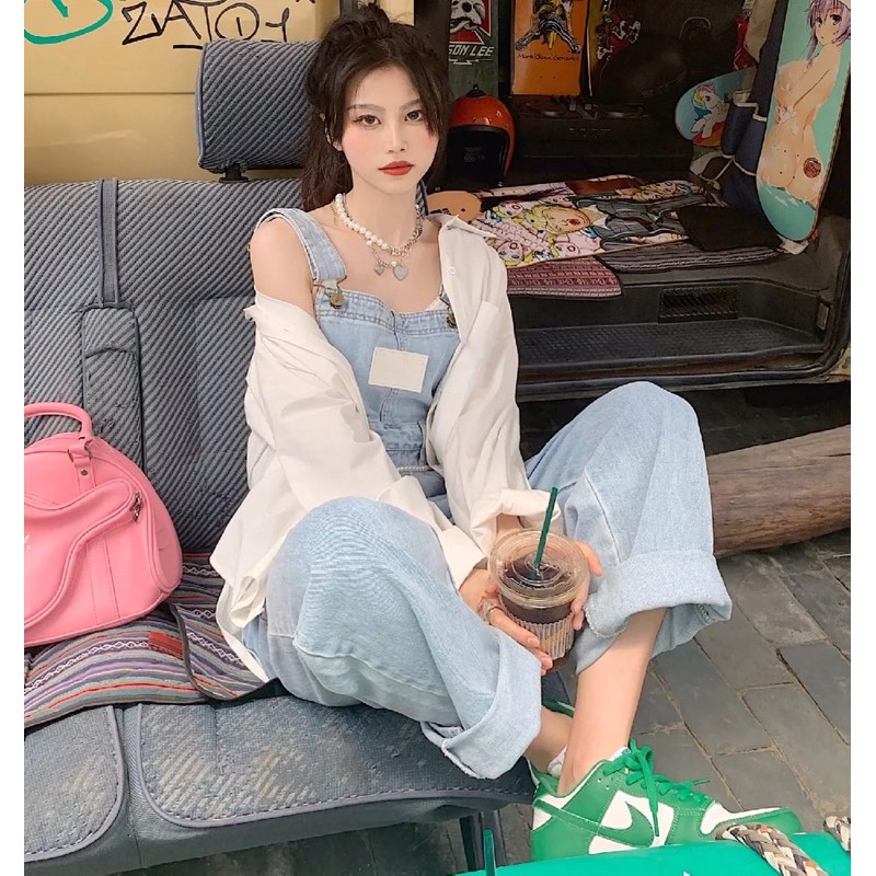 Quần yếm bò jeans ulzzang ống suông rộng / Yếm jeans áo liền quần ống rộng | BigBuy360 - bigbuy360.vn