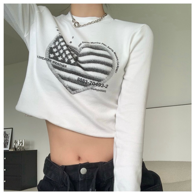 Áo thun lửng tay dài cổ tròn in họa tiết thời trang Hàn Quốc