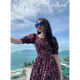 Váy nữ hoa cổ vuông tay bồng thiết kế cổ vuông tay bồng