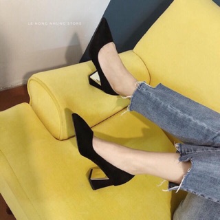 Guốc đen trơn đế vuông