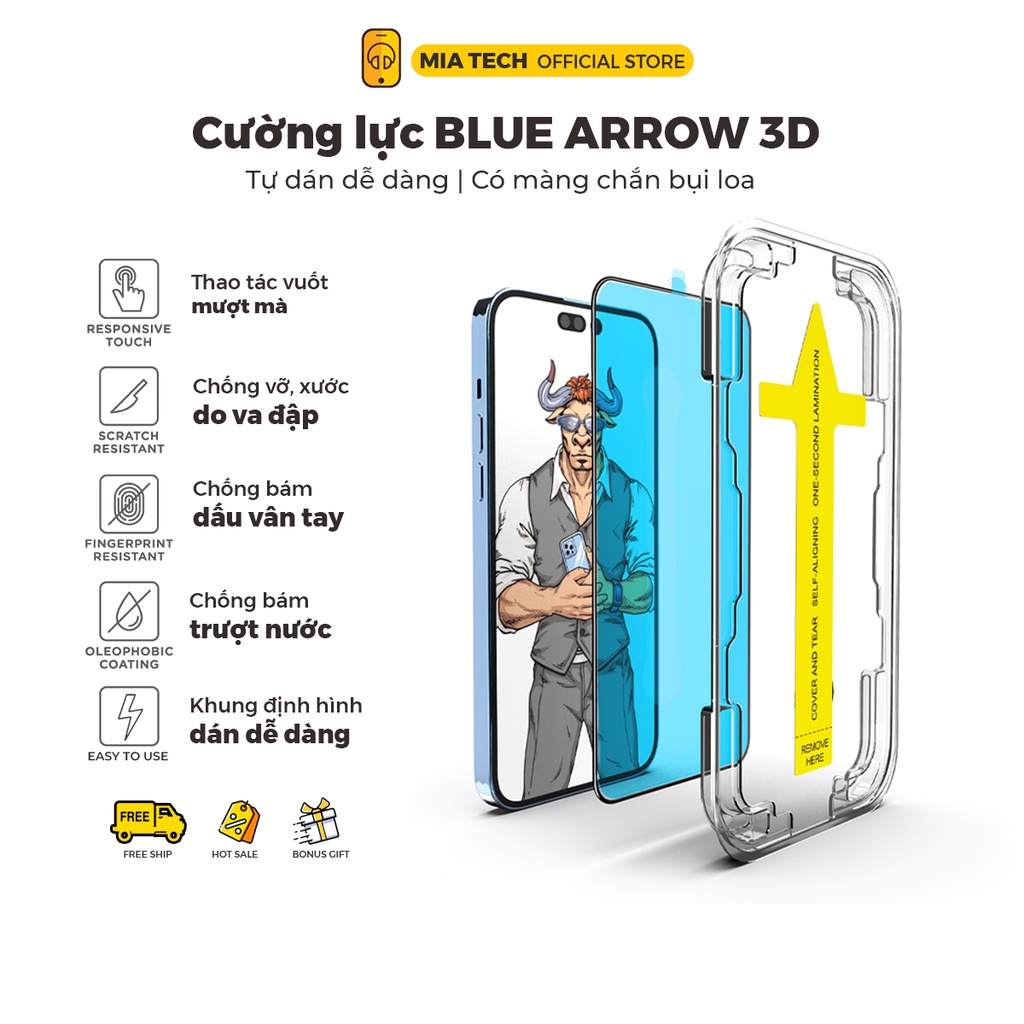Kính cường lực BLUE ARROW cho iPhone | Khung tự dán, full màn viền đen siêu mỏng, có màng che bụi loa
