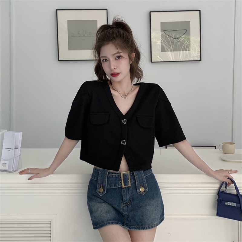 QADCOL  Áo Kiểu Tay Ngắn Phồng Cổ Chữ V Phong Cách Pháp