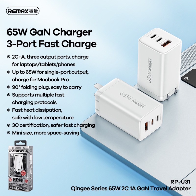 Củ sạc nhanh PD 65W Remax chính hãng 3 cổng Type c và USB dùng sạc điện thoại, máy tính, laptop, iP