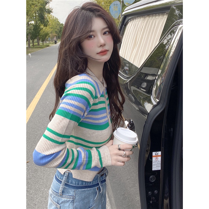 Áo Sweater Dệt Kim Cổ POLO Tay Dài Kẻ Sọc Màu Sắc Thời Trang Mùa Thu Phong Cách Hàn Quốc Cho Nữ