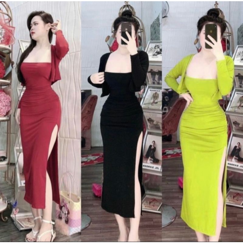 Set 3 Món Áo Khoác thun gân + Áo Cổ Yếm Kèm Chân Váy chữ A xẻ tàNg alohashop91