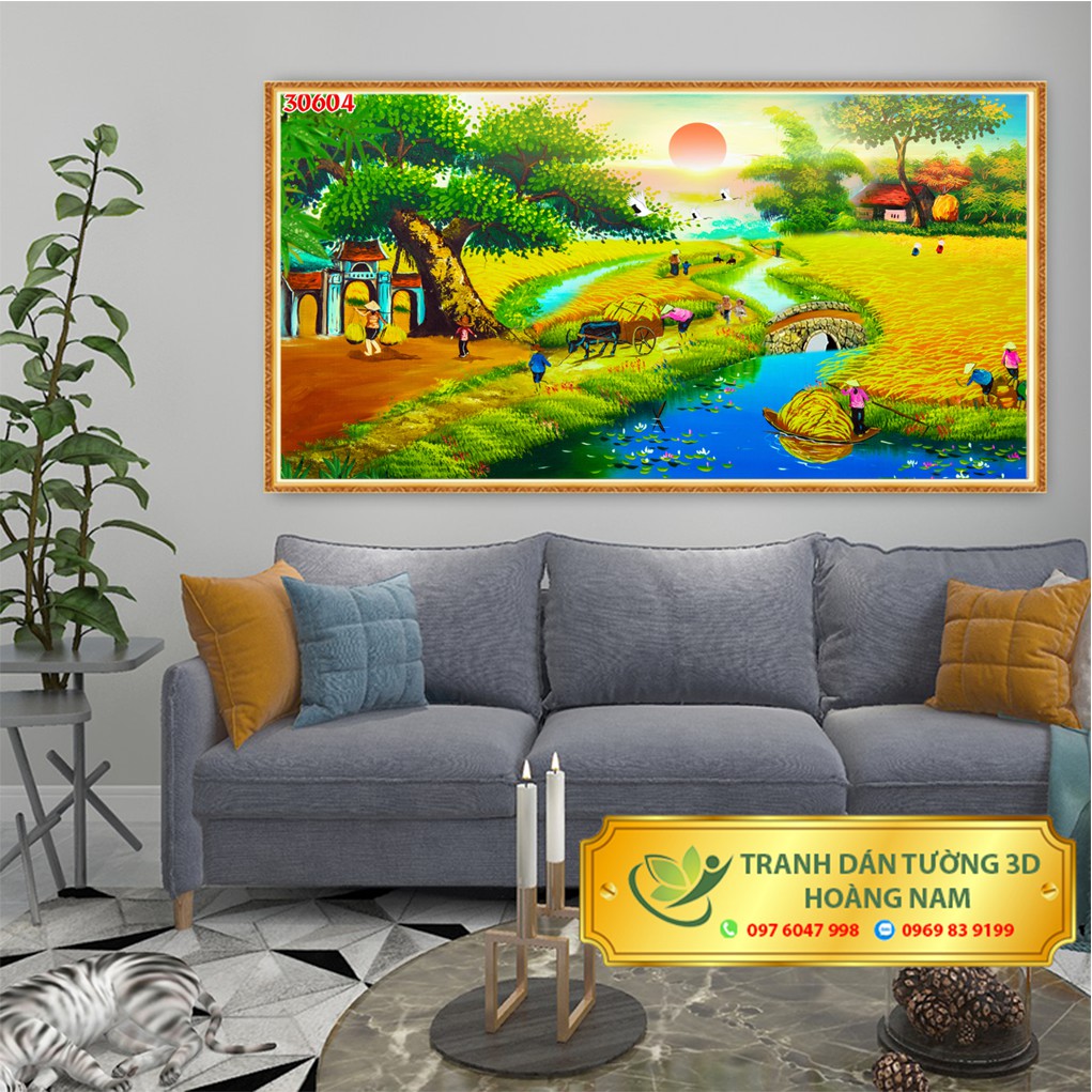Tranh 3D dán tường trang trí phòng ngủ tranh in sơn dầu đồng quê giả khung có keo dán