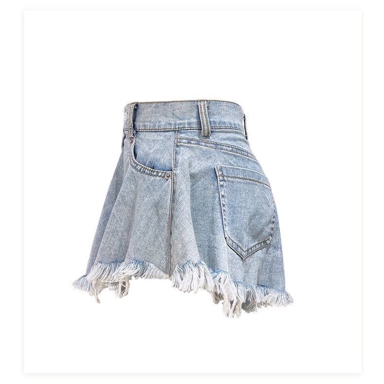 Quần Short Denim Lưng Cao Ống Rộng Phối Nút Và Túi Tua Rua Thời Trang Retro Cho Nữ