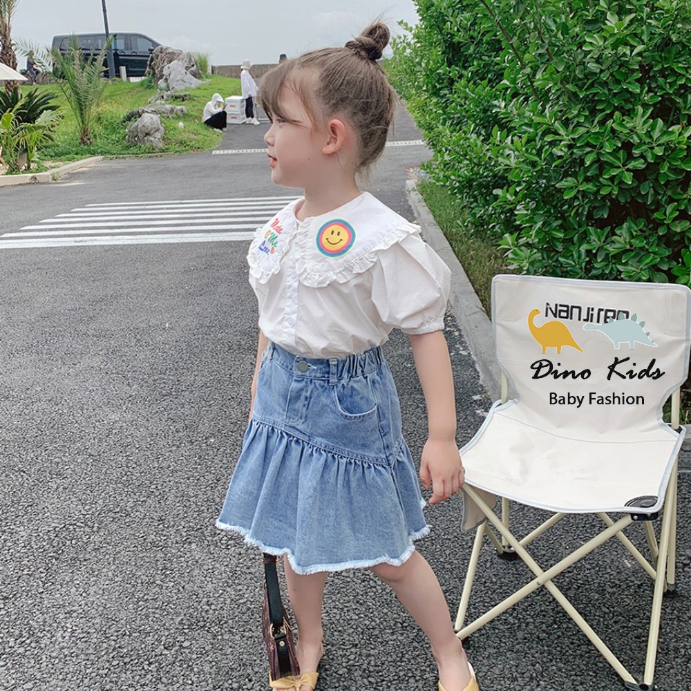 Sét váy đuôi cá kèm áo sơ mi trắng cho bé gái, sét áo sơ mi trắng Make me love phối chân váy jean tua rua cho bé