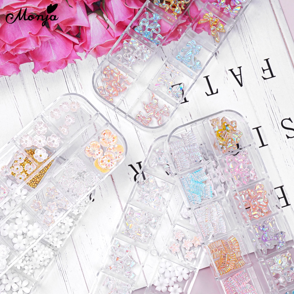 MONJA Phụ Kiện Trang Trí Móng Tay Nghệ Thuật 3D Nhiều Màu Sắc Hình Nơ/Gấu/Hoa Trà/Hoa Trà Lấp Lánh Xinh Xắn