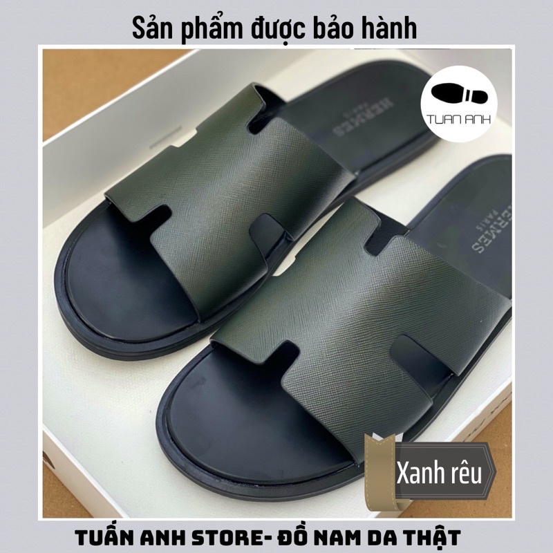Dép da nam HM màu xanh rêu Tuấn Anh store, da bò nappa bảo hàng 12 tháng