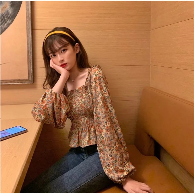Áo Chiffon Tay Dài In Hoa Phong Cách Retro Cho Nữ