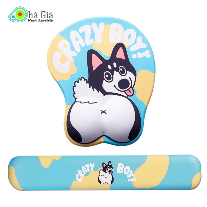 Bộ Lót Chuột & Kê Tay Bàn Phím Chó Ngáo Husky CRAZY BOY Pad Mouse Silicone Chống Đau Mỏi Cổ Tay