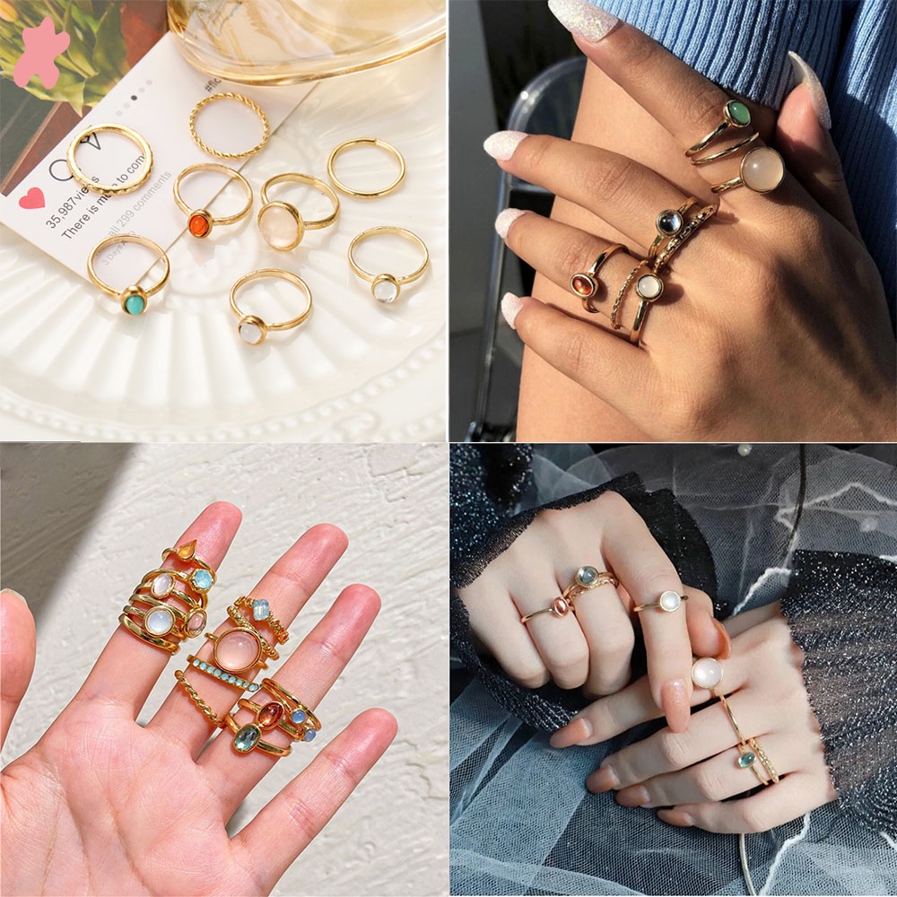 ★★★ Bộ 8 Nhẫn Hợp Kim Màu Sắc Đơn Giản Sáng Tạo