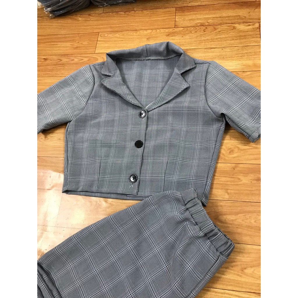 Sét đồ nữ caro áo cổ vét kiểu croptop phối quần dài chất for mềm dày đẹp, mặc tôn dáng AM