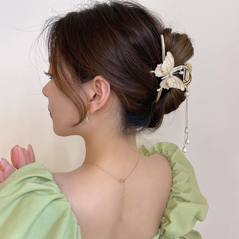 Kẹp tóc kim loại cỡ lớn hình bướm tua rua thanh lịch sang trọng tinh tế kẹp tóc sau đầu cho nữ