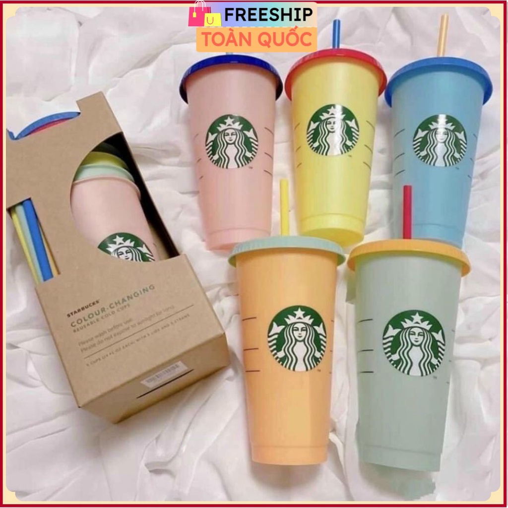 Sét 5 cốc nhựa Starbucks đựng nước đổi màu tặng kèm nắp và ống hút . .