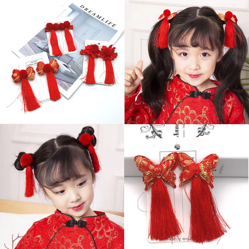 Cặp kẹp tóc màu đỏ nhiều mẫu tùy chọn phong cách Trung Hoa xinh xắn